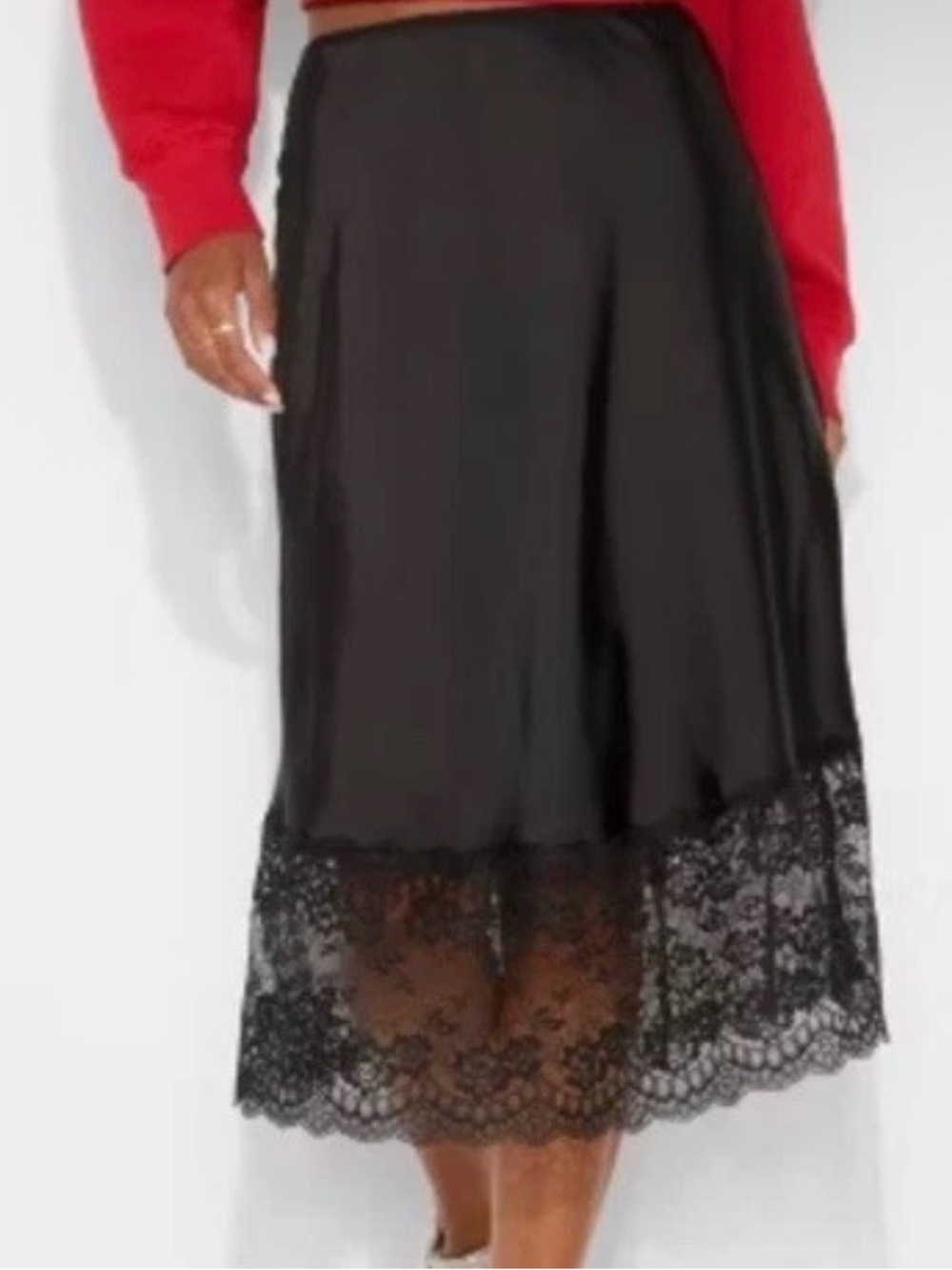 Beautiful Black Satin & Lace-Hem Midi Skirt